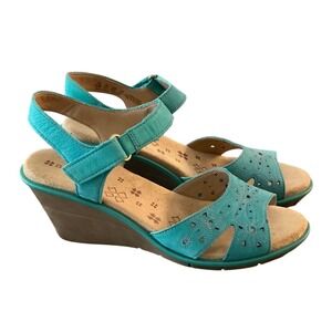 Naturalizer Episode Teal Leather Floral Laser Cut Wedge Sandals Womens 8.5M